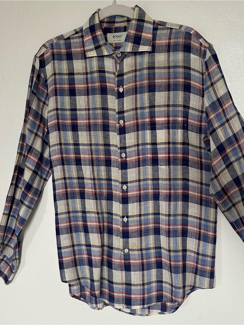 Men's Boggi Milano Navy and Cream Plaid Button-Up Shirt